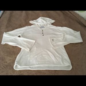 White Columbia Sweater with Brown buttons & Hood